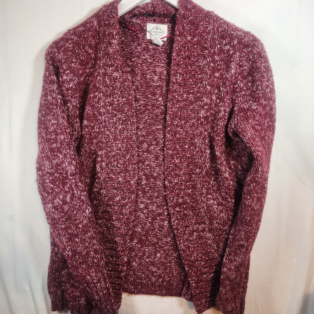 St Johns Bay Womens Burgundy Marl Open Front Cardigan Sweater Shawl Collar LT